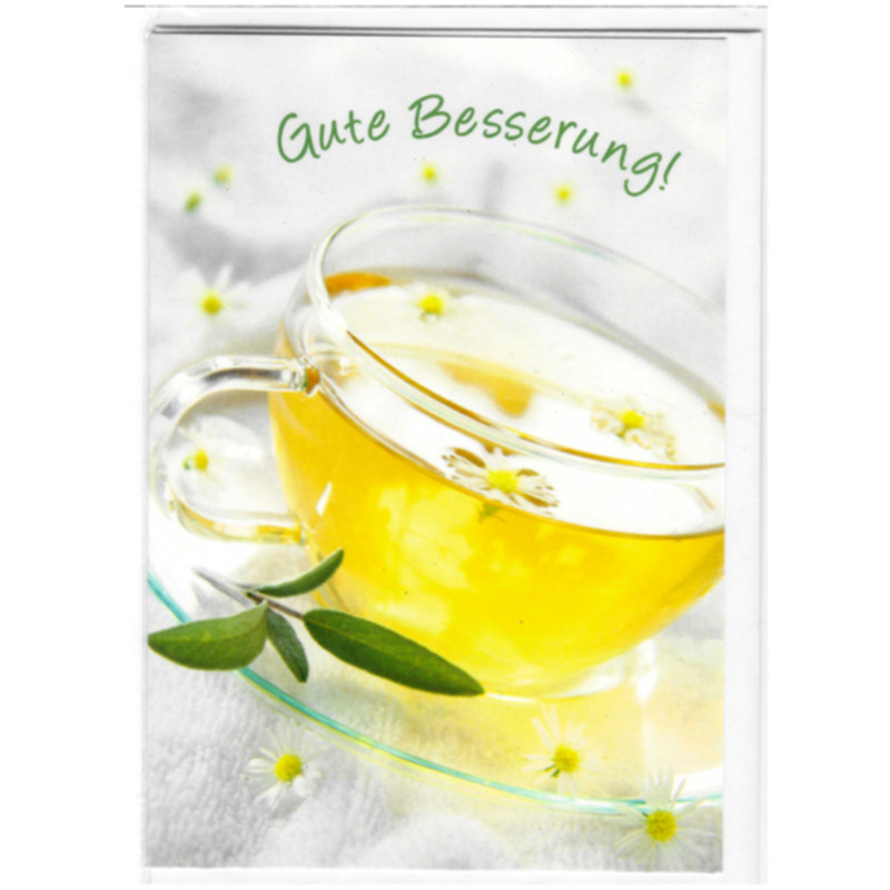 Genesungskarte „Gute Besserung“ mit Kamillentee-Motiv herzliche Grußkarte